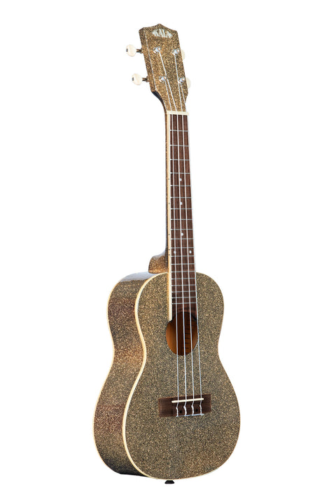 A Stardust Gold Sparkle Concert Ukulele shown at a right angle