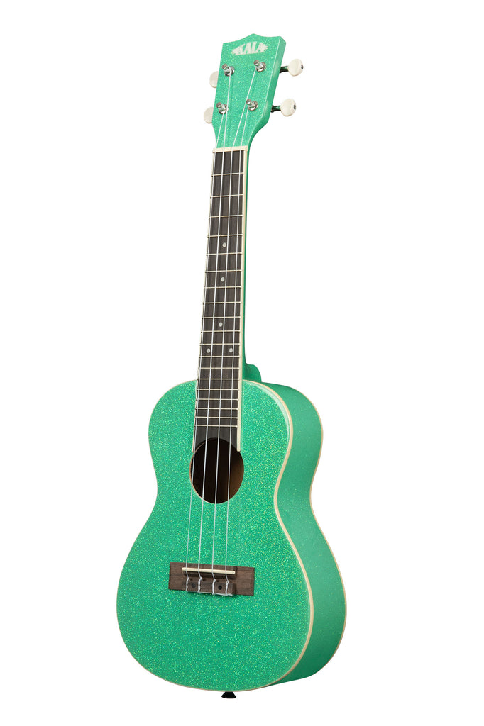 A Gatsby Green Sparkle Concert Ukulele shown at a left angle