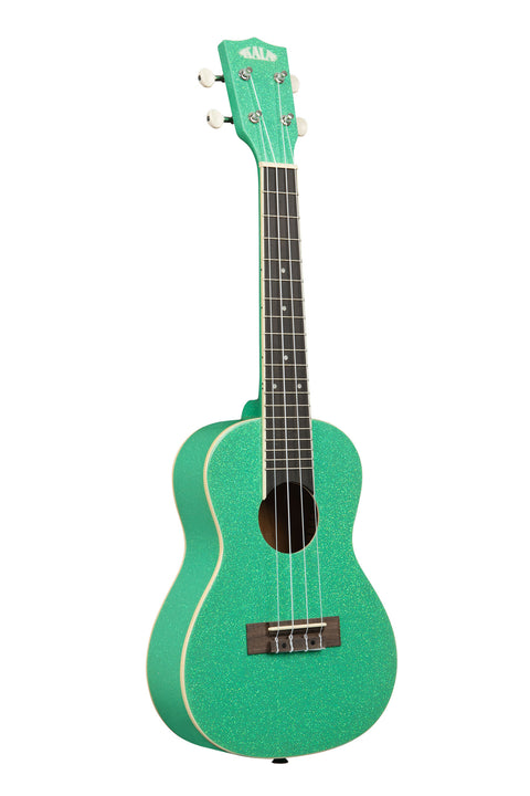 A Gatsby Green Sparkle Concert Ukulele shown at a right angle