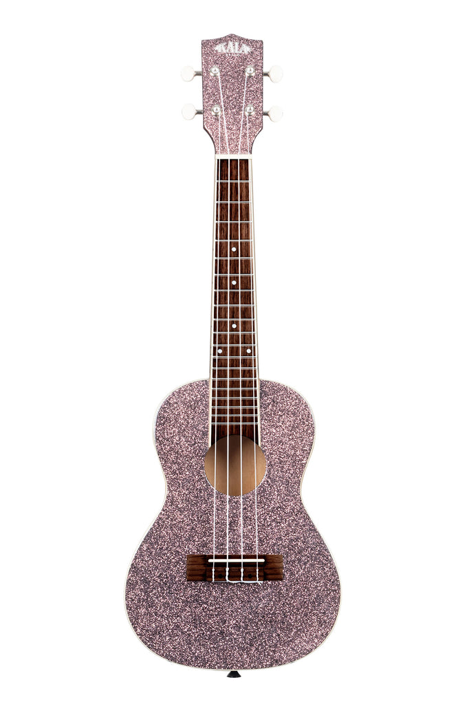 A Pink Champagne Sparkle Concert Ukulele shown at a front angle