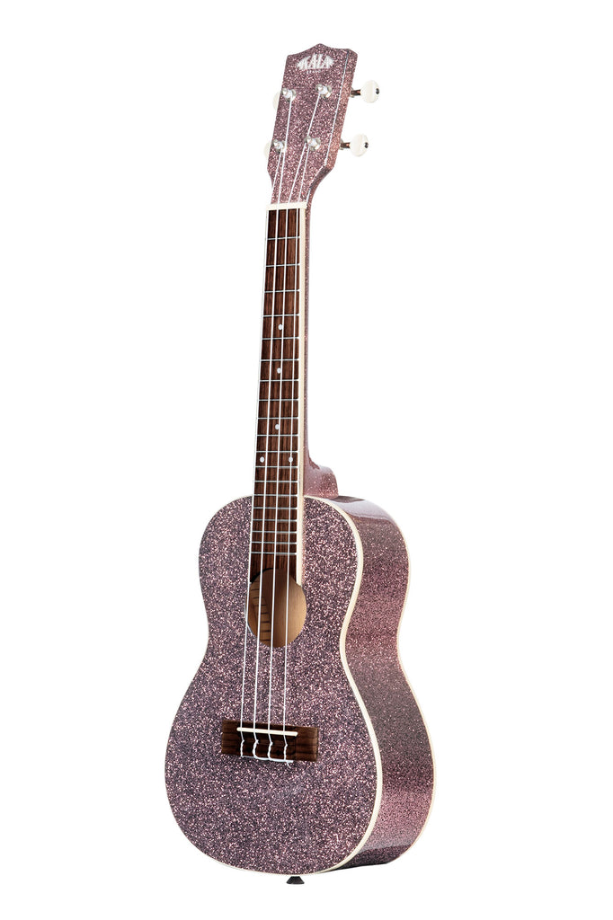A Pink Champagne Sparkle Concert Ukulele shown at a left angle
