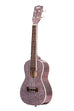 A Pink Champagne Sparkle Concert Ukulele shown at a left angle