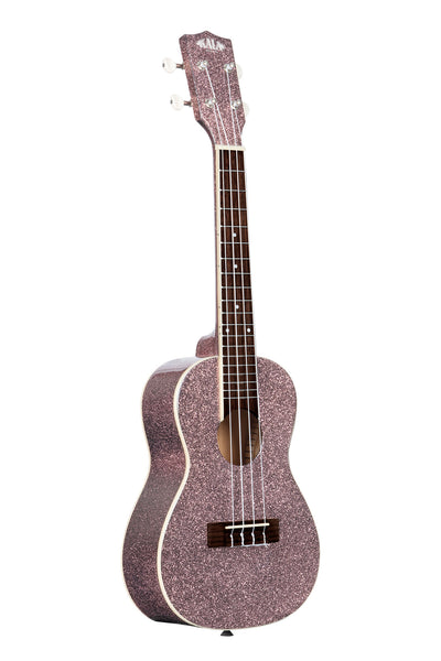 A Pink Champagne Sparkle Concert Ukulele shown at a right angle