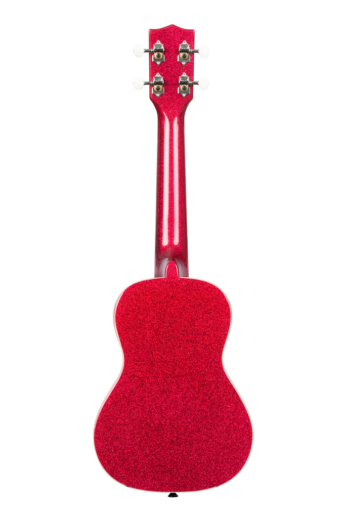 A Ritzy Red Sparkle Concert Ukulele shown at a back angle