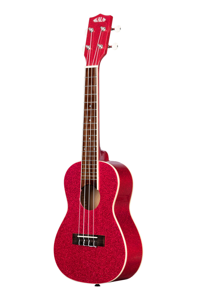 A Ritzy Red Sparkle Concert Ukulele shown at a left angle