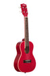 A Ritzy Red Sparkle Concert Ukulele shown at a right angle