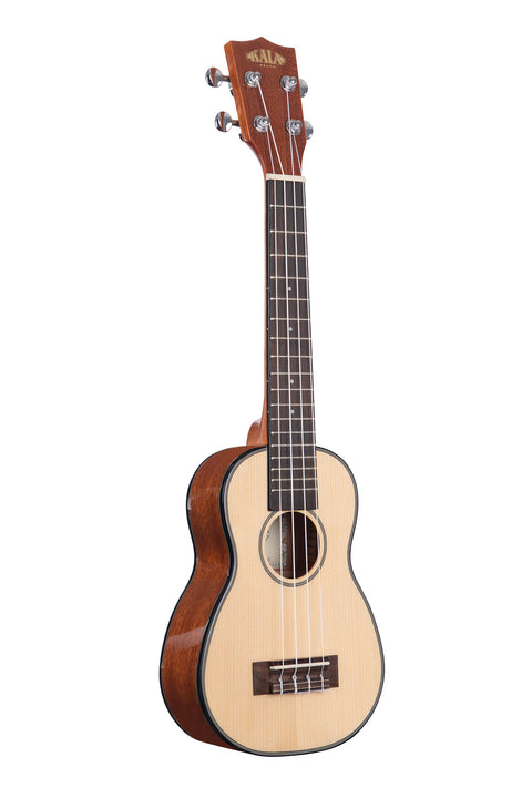 A Solid Spruce Top Mahogany Long Neck Soprano Ukulele shown at a right angle