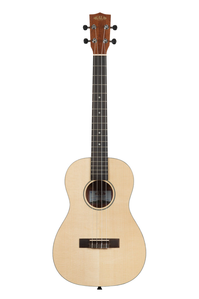 A Solid Spruce Top Mahogany Travel Baritone Ukulele shown at a front angle