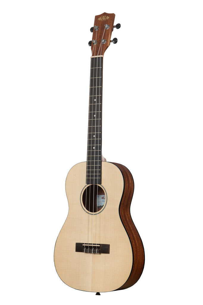 A Solid Spruce Top Mahogany Travel Baritone Ukulele shown at a left angle