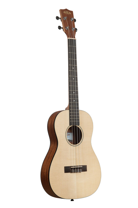 A Solid Spruce Top Mahogany Travel Baritone Ukulele shown at a right angle