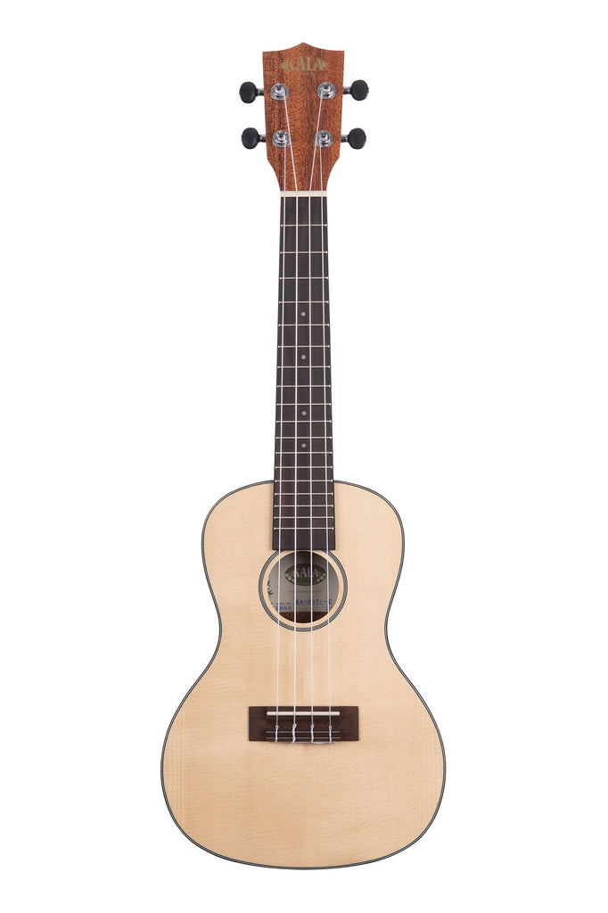 A Solid Spruce Top Mahogany Travel Concert Ukulele shown at a front angle