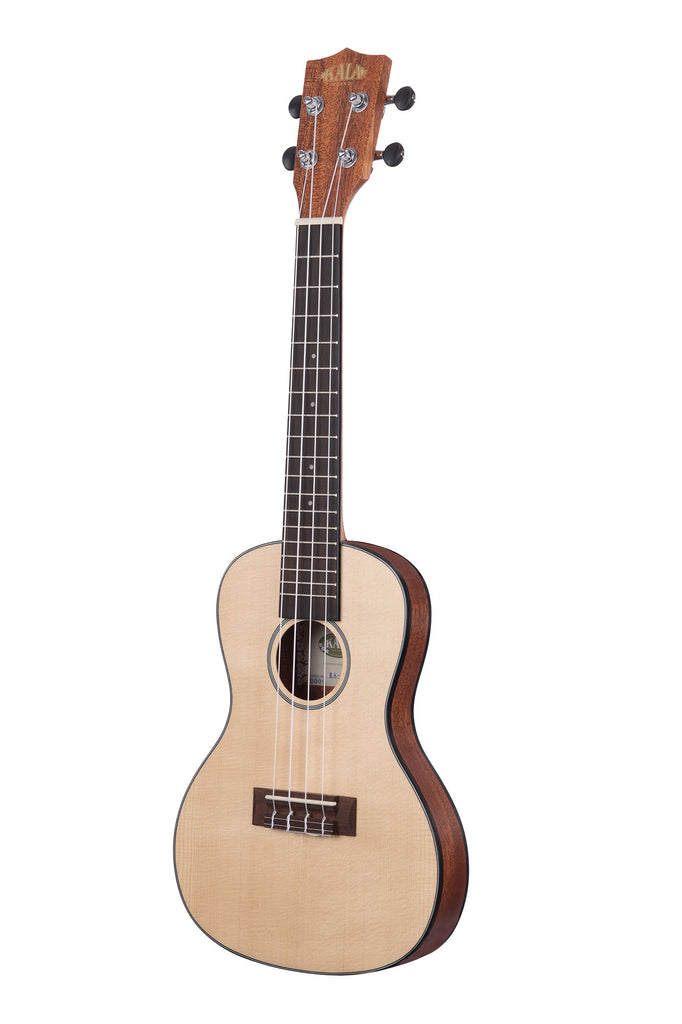 A Solid Spruce Top Mahogany Travel Concert Ukulele shown at a left angle