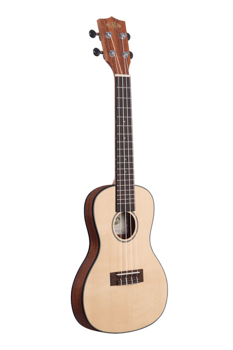 A Solid Spruce Top Mahogany Travel Concert Ukulele shown at a right angle
