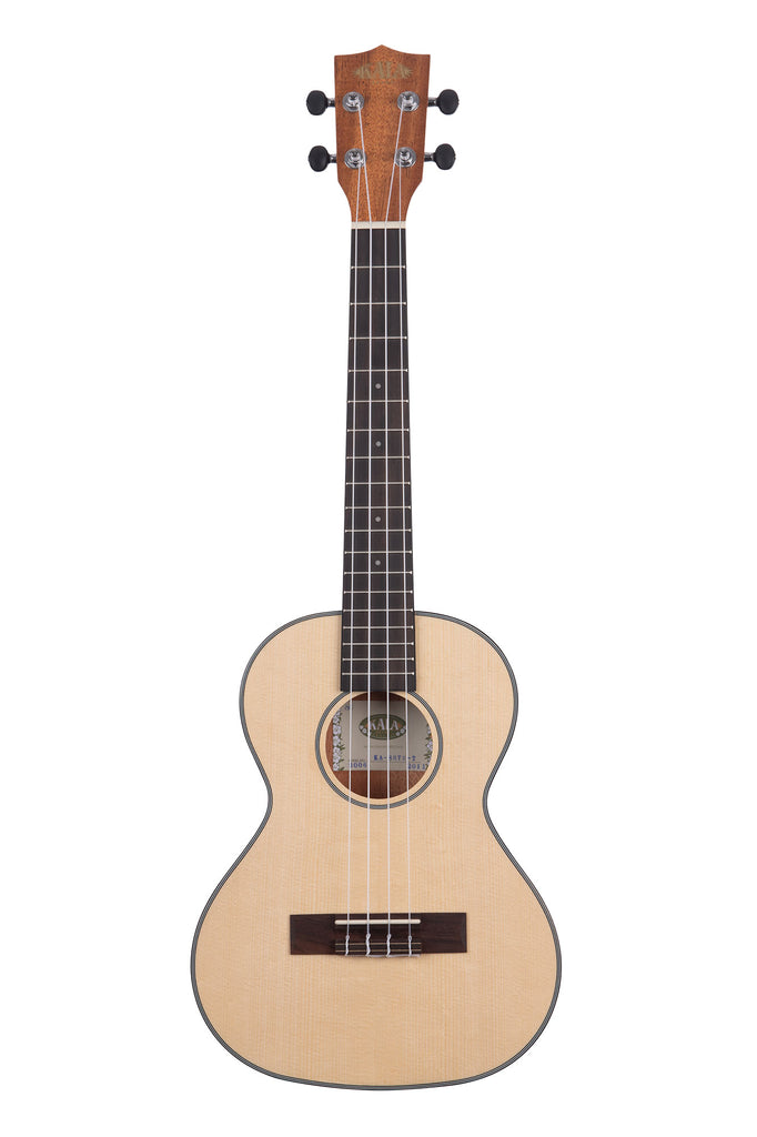 A Solid Spruce Top Mahogany Travel Tenor Ukulele shown at a front angle