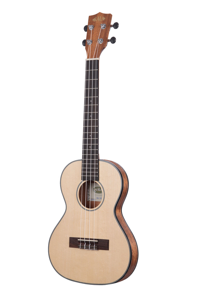 A Solid Spruce Top Mahogany Travel Tenor Ukulele shown at a left angle