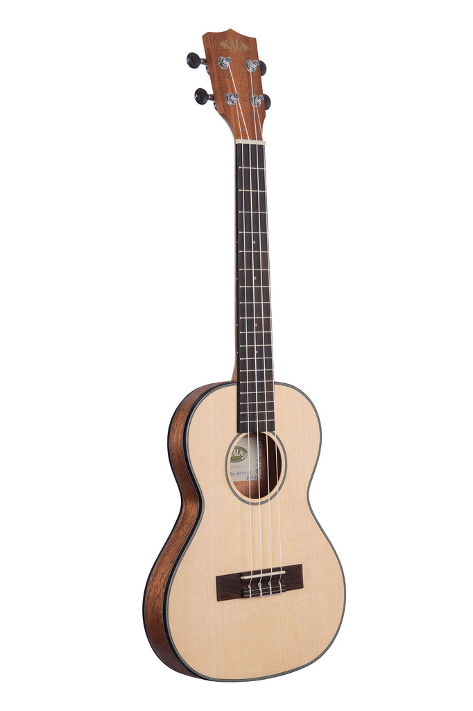 A Solid Spruce Top Mahogany Travel Tenor Ukulele shown at a right angle