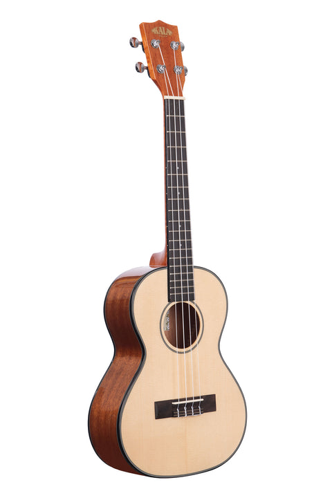 A Solid Spruce Top Mahogany Tenor Ukulele shown at a right angle