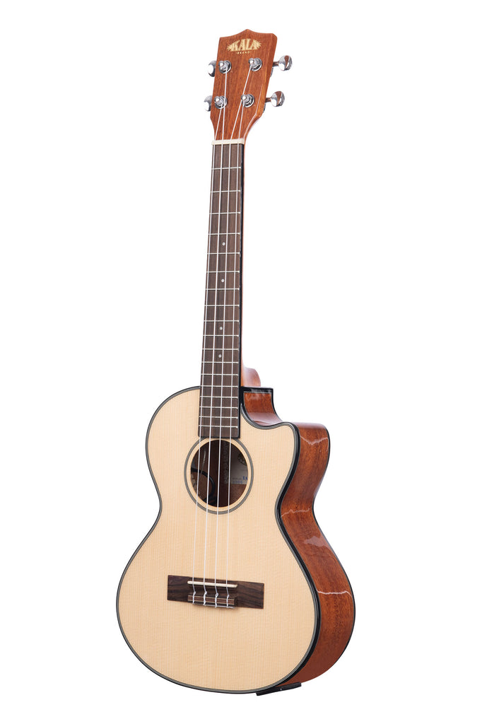 A Solid Spruce Top Mahogany Tenor Ukulele w/ Cutaway & EQ shown at a left angle