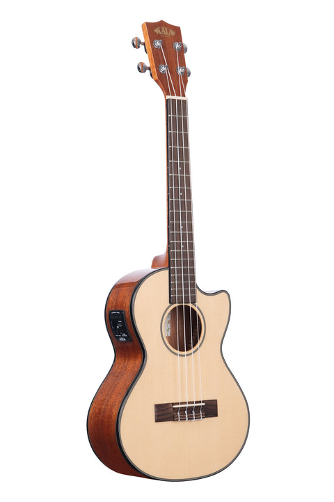 A Solid Spruce Top Mahogany Tenor Ukulele w/ Cutaway & EQ shown at a right angle