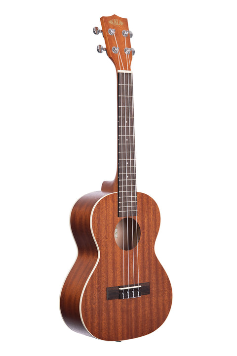 A Satin Mahogany Tenor Ukulele shown at a right angle