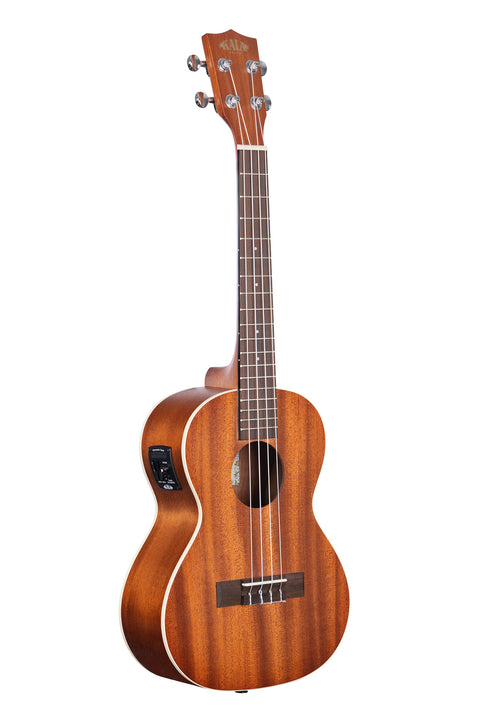 A Satin Mahogany Tenor Ukulele w/ EQ shown at a right angle