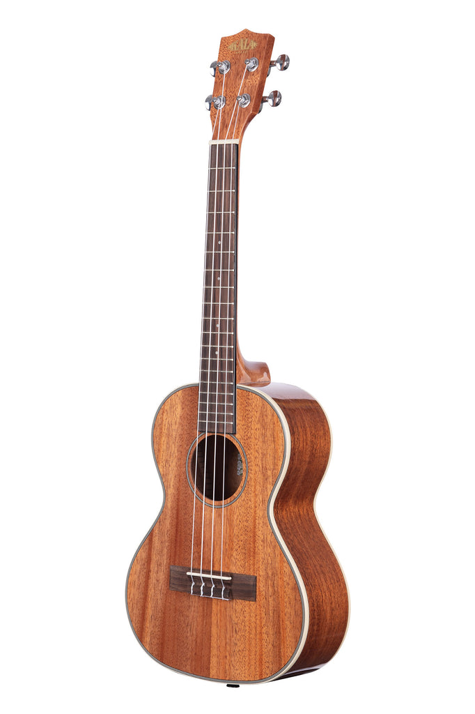 A Gloss Mahogany Tenor Ukulele shown at a left angle