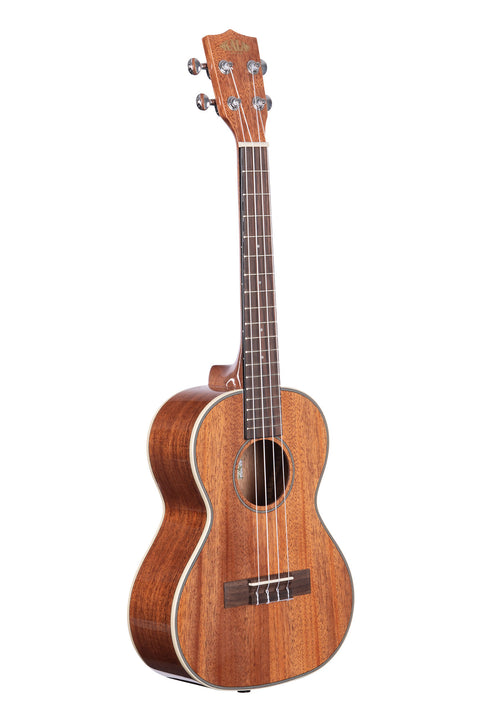 A Gloss Mahogany Tenor Ukulele shown at a right angle