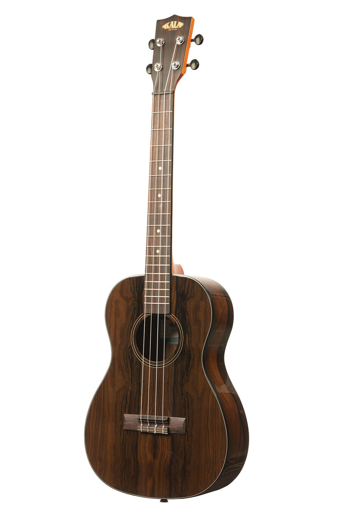 A Ziricote Gloss Baritone Ukulele shown at a left angle
