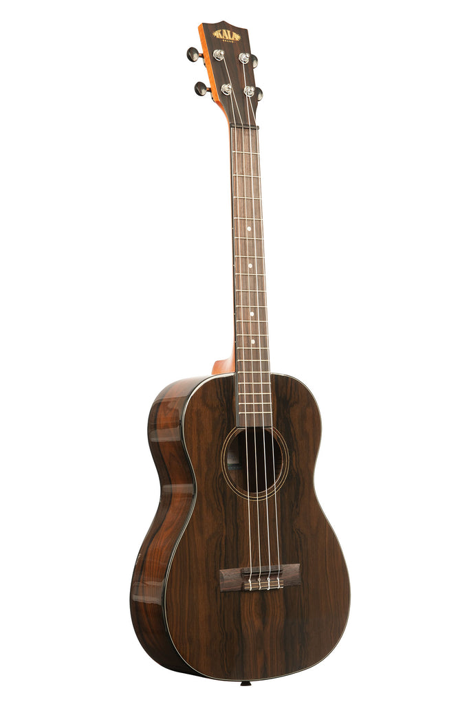 A Ziricote Gloss Baritone Ukulele shown at a right angle