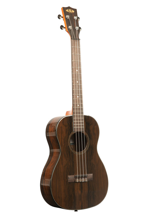 A Ziricote Gloss Baritone Ukulele shown at a right angle