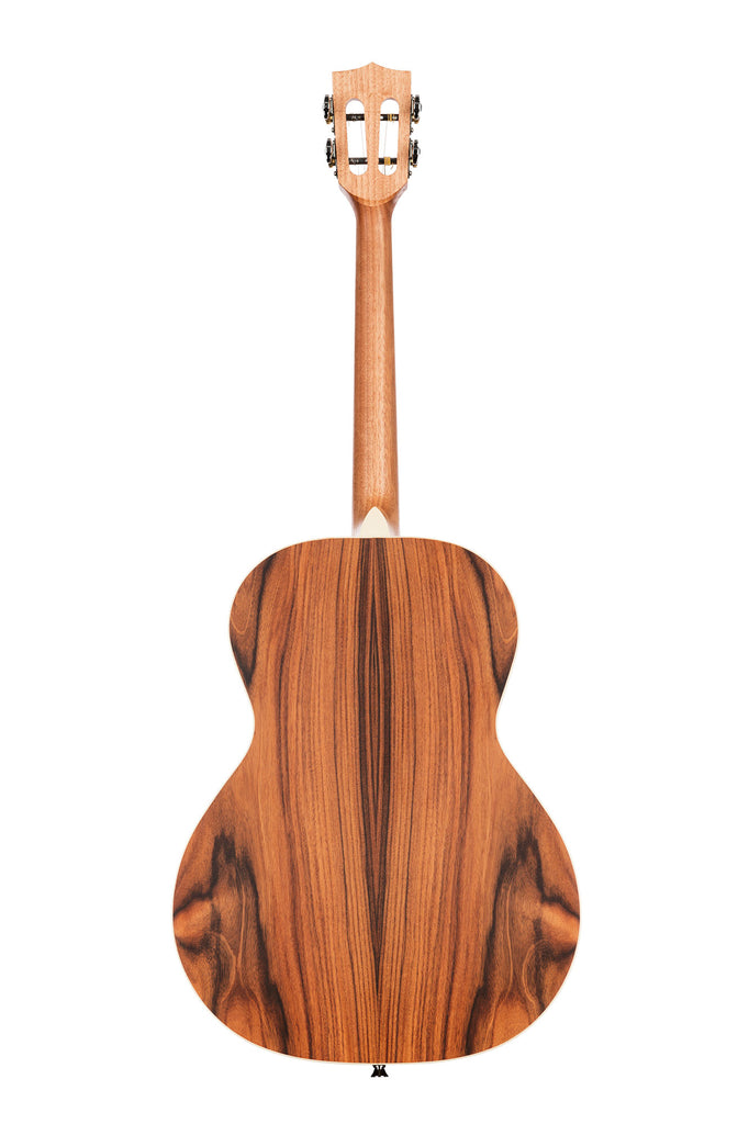 A Solid Spruce Top Pau Ferro Tenor Guitar shown at a back angle