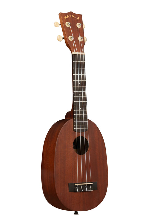 A Makala Pineapple Soprano Ukulele shown at a right angle