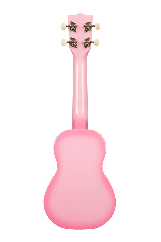 A Pink Burst Soprano Dolphin Ukulele shown at a back angle