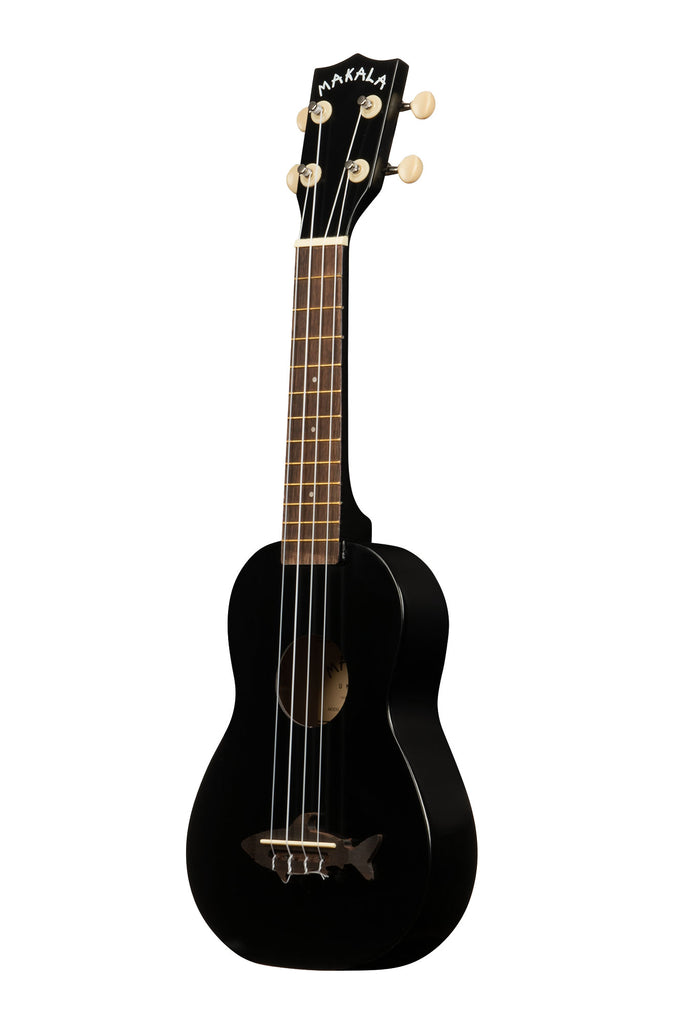 A Blacktip Soprano Shark Ukulele shown at a left angle