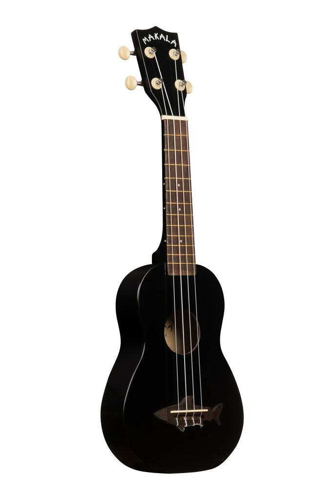 A Blacktip Soprano Shark Ukulele shown at a right angle