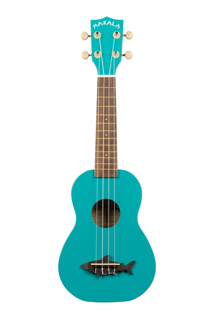 A Mako Blue Soprano Shark Ukulele shown at a front angle