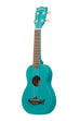 A Mako Blue Soprano Shark Ukulele shown at a left angle