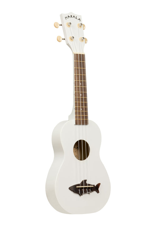 A Great White Soprano Shark Ukulele shown at a right angle