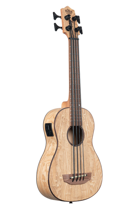 A Burled Tamo Ash Acoustic-Electric U•BASS® shown at a right angle