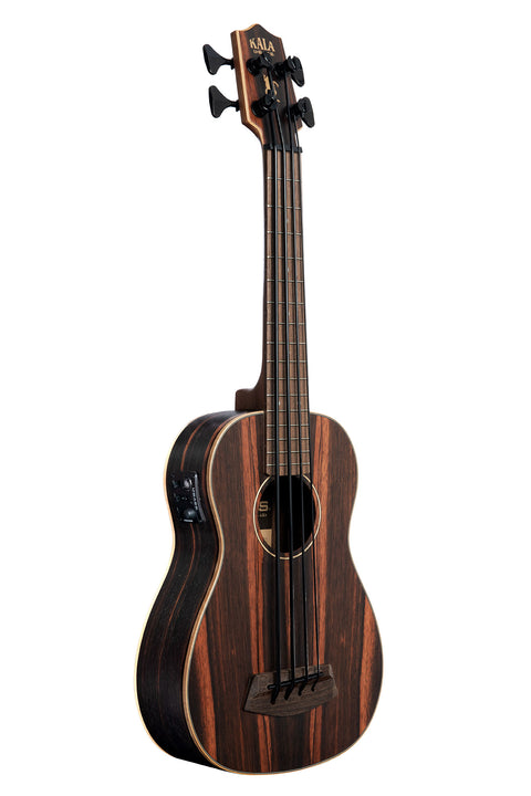 A Striped Ebony Fretted Acoustic-Electric U•BASS® shown at a right angle