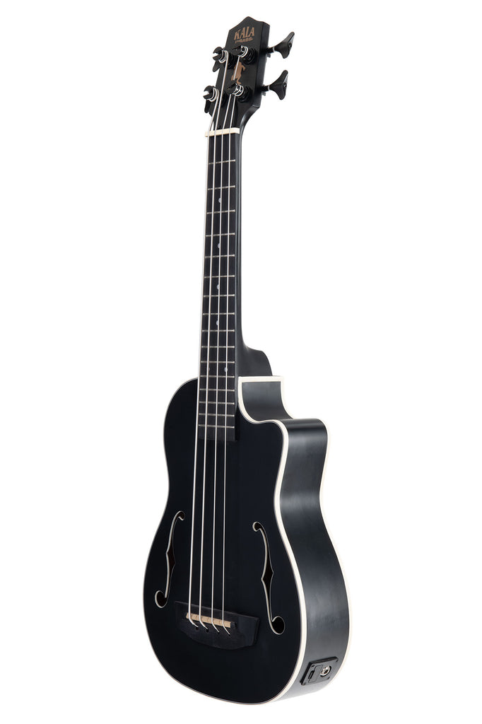 A Black Journeyman Mahogany Acoustic-Electric U•BASS® with F-Holes shown at a left angle