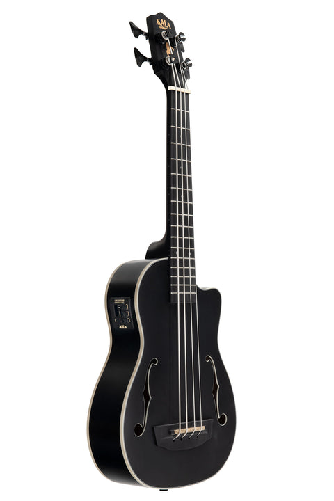 A Black Journeyman Mahogany Acoustic-Electric U•BASS® with F-Holes shown at a right angle