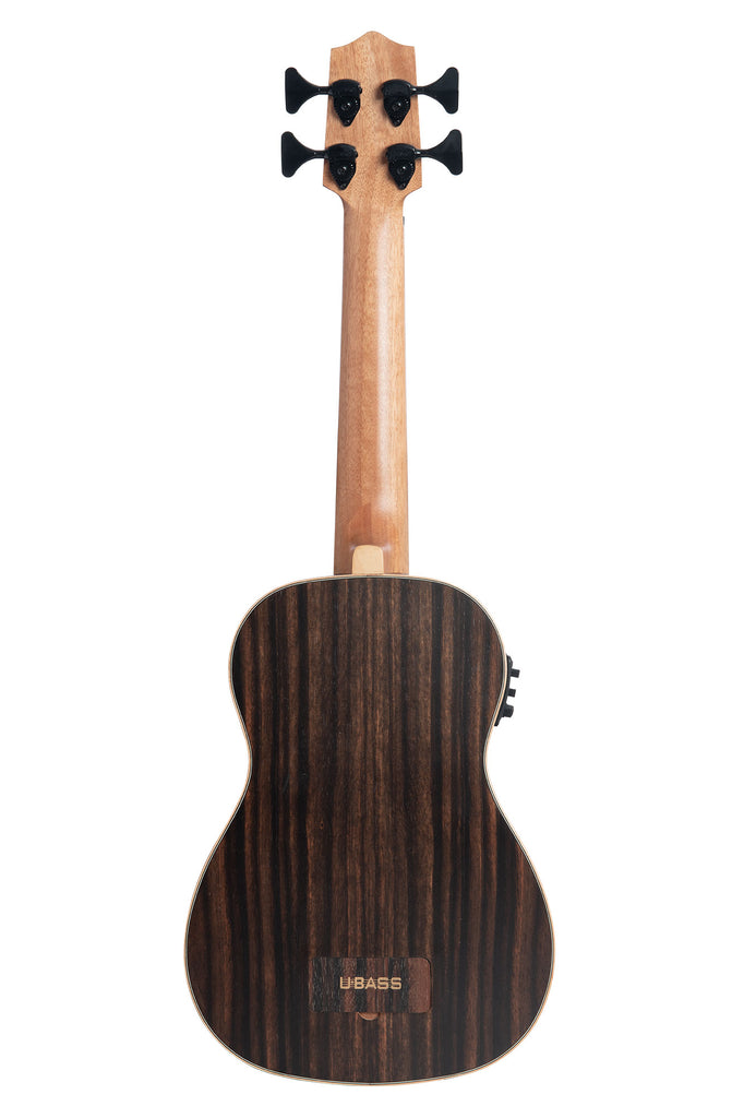 A Striped Ebony Fretless Acoustic-Electric U•BASS® shown at a back angle