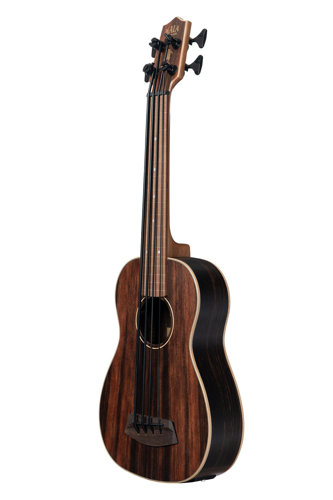 A Striped Ebony Fretless Acoustic-Electric U•BASS® shown at a left angle