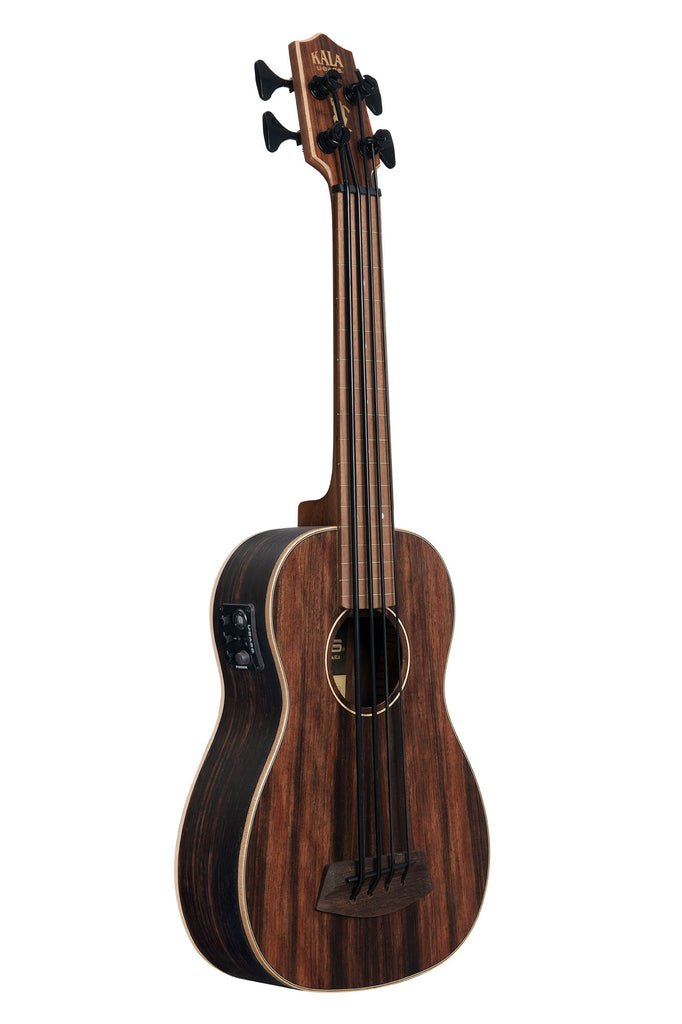 A Striped Ebony Fretless Acoustic-Electric U•BASS® shown at a right angle