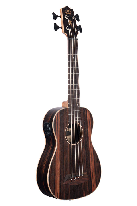 A Striped Ebony Fretted Acoustic-Electric U•BASS® w/ Round Wounds shown at a right angle