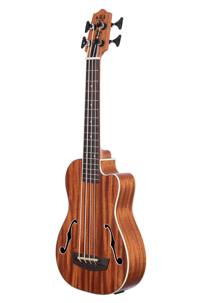 A Journeyman Acoustic-Electric U•BASS® with F-Holes shown at a left angle