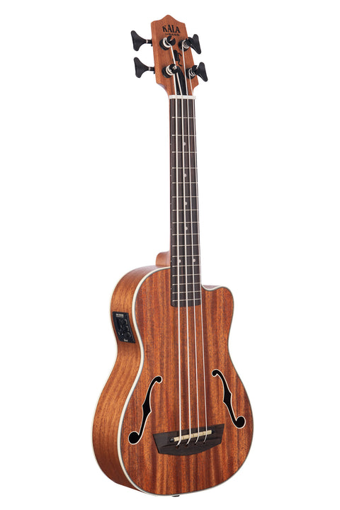 A Journeyman Acoustic-Electric U•BASS® with F-Holes shown at a right angle
