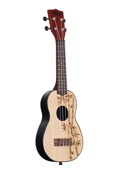 A Bamboo Top Ukadelic Soprano Ukulele shown at a right angle