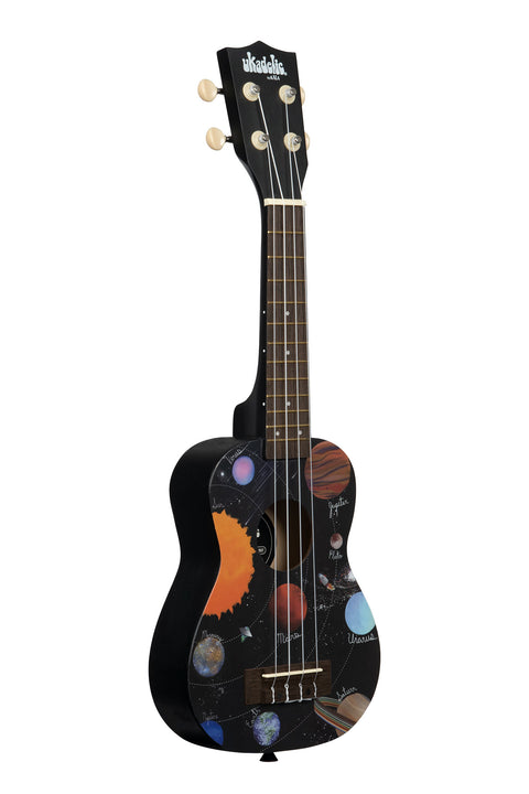 A Spaced Out Ukadelic Soprano Ukulele shown at a right angle